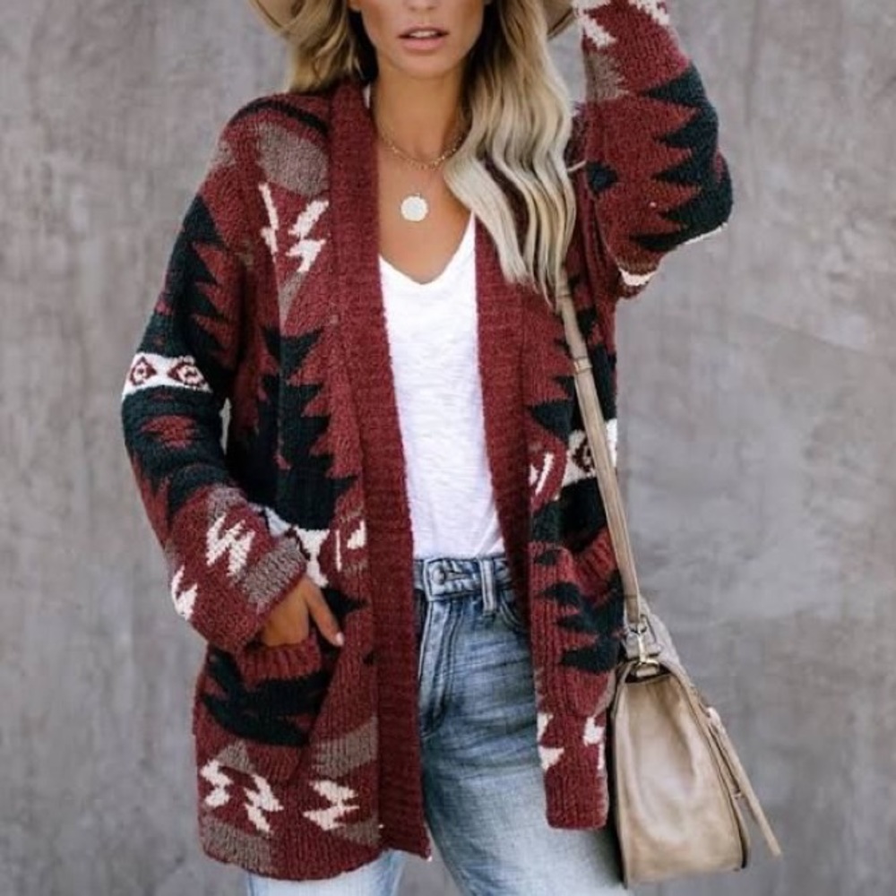 Last S SO SOFT! New Cozy Aztec Southwest Bohemian Knitted Sweater Cardigan - Picture 1 of 17